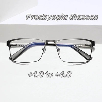 Men Square Metal Large Frame Reading Spring Leg Elderly Presbyopia Glasses Blue Light Blocking Eye Protection Eyeglasses - MarvelouStoree