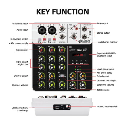 V4 Audio Interface Mixer with Bluetooth USB Recording Computer 48V Phantom Power Delay Replay Effects, 4-Channel Audio Mixer