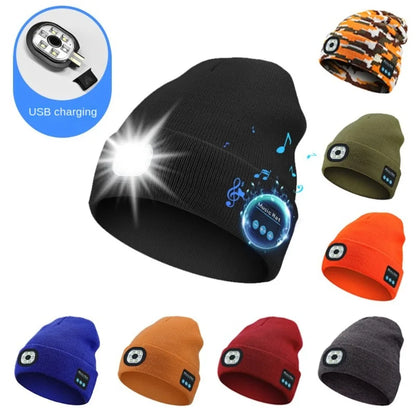 Bluetooth LED Light Woolen Hat Removable Rechargeable Music Warm Beanie With Button Battery Warning Light