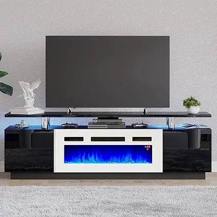 Fireplace TV Stand with Fireplace, Modern High Gloss Fireplace Entertainment Center LED Lights, 2 Tier TV Console Cabinet - MarvelouStoree