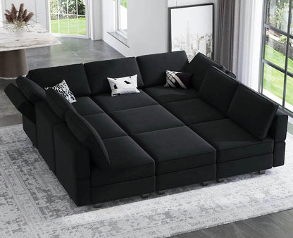 Modular Sectional Sofa with Ottomans Velvet Reversible Sleeper Chaise Bed Storage Seat Black Multi Function Modular Sofa - MarvelouStoree