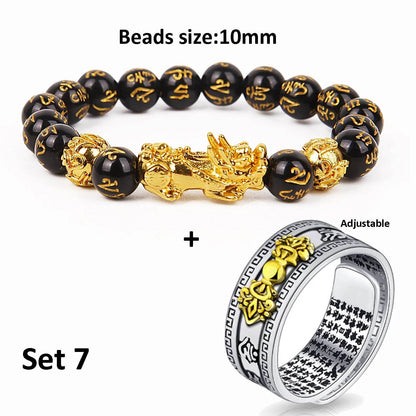 Unisex Men Pixiu Charms Ring Bracelet Chinese Feng Shui Amulet Wealth and Lucky Open Adjustable Ring Bead Bracelet - MarvelouStoree