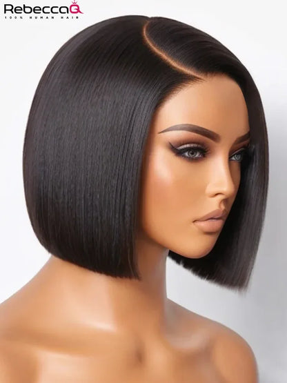 QVR Natural Black Short Straight Bob Wig Hairline Silky Glueless Lace Front Short Bob Wig Human Hair C Part Fits All Face Shapes