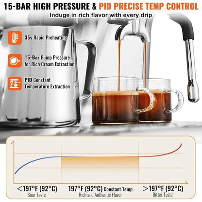 Espresso Machine- Built in Grinder, 15 Bar Semi-Automatic Espresso Coffee Maker & Milk Frother Steam Wand - MarvelouStoree