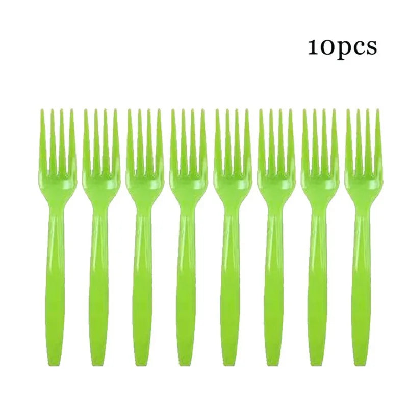 10pcs/Set green golden Pink Disposable Tableware Plastic Knife Fork Spoon Birthday Decor Kids Adults Wedding Party Supplies