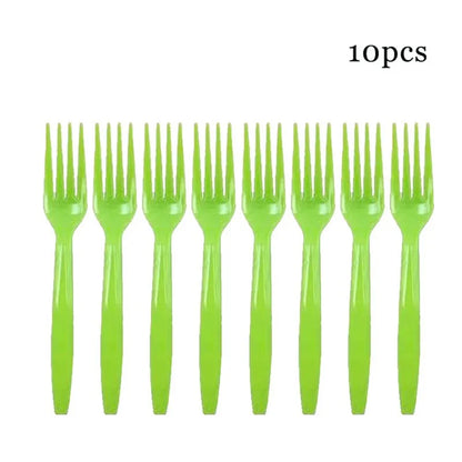 10pcs/Set green golden Pink Disposable Tableware Plastic Knife Fork Spoon Birthday Decor Kids Adults Wedding Party Supplies