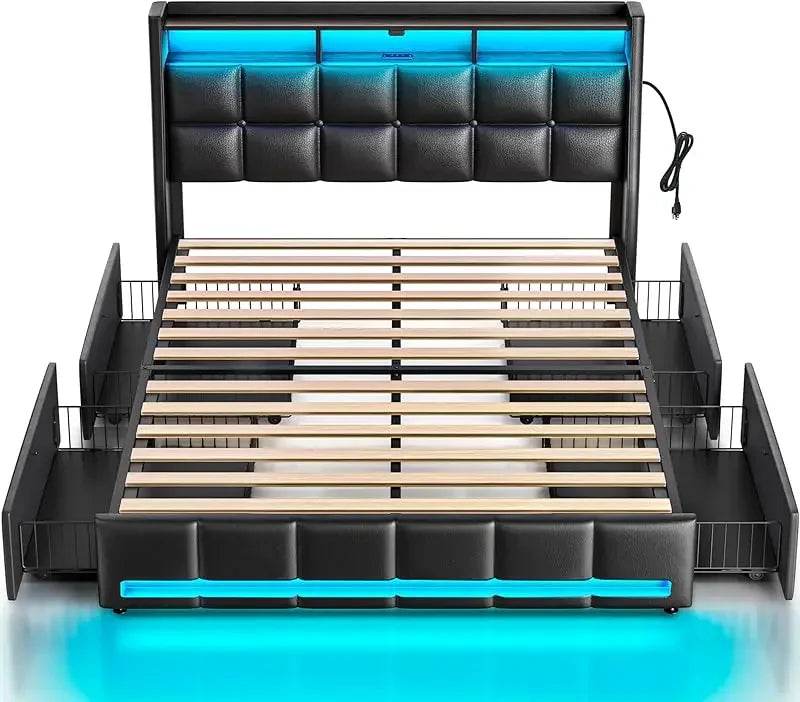 Rostar Queen Size Bed Frame with LED Lights and Charging Station,Upholstered Bed Storage Headboard & Drawers,Heavy Duty W - MarvelouStoree