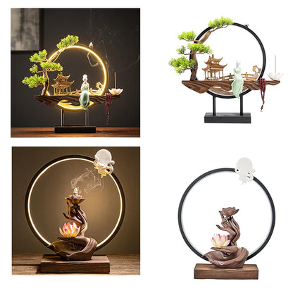 USB Light Ring Ornament LED Light Reflux Incense Burner Simulation Tree Ceramic Lotus Buddha Bead Home and Office Decoration