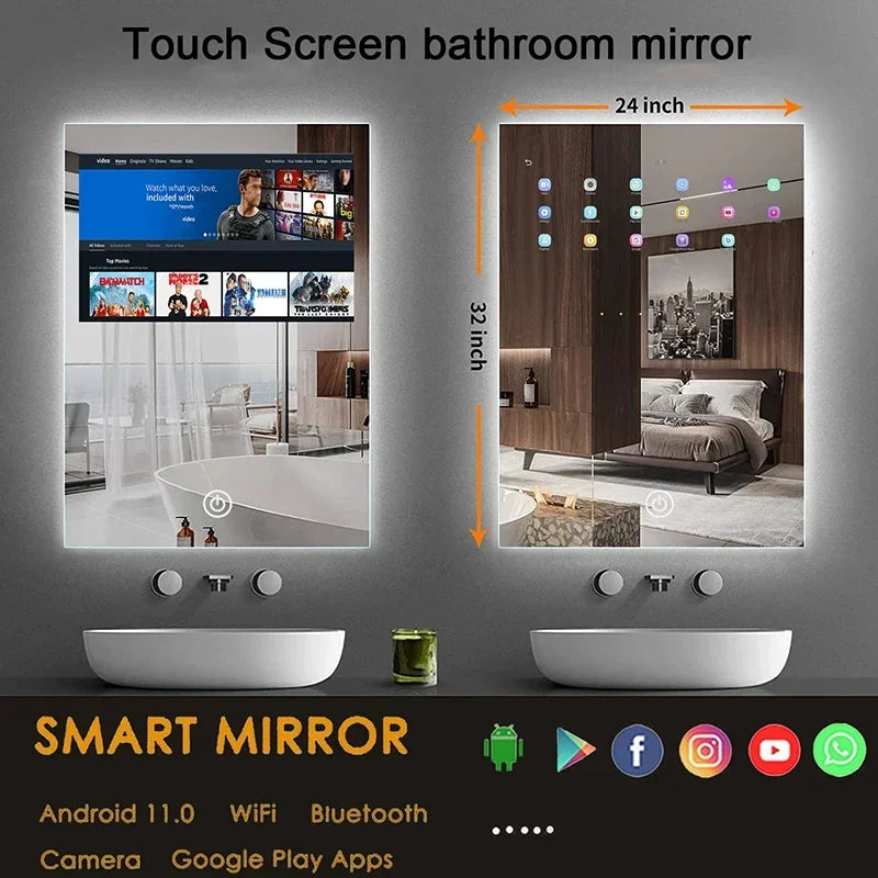 Smart Mirror, Customized Size Touch Screen Led Android System Smart TV Waterproof Led Bathroom TV For Bedroom Home Hotel