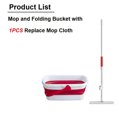 Flat Squeeze Mop and Folding Bucket Free Hand Washing Floor Cleaning Mop Microfiber Mop Pad Cleaning Tools on Hardwood Laminate