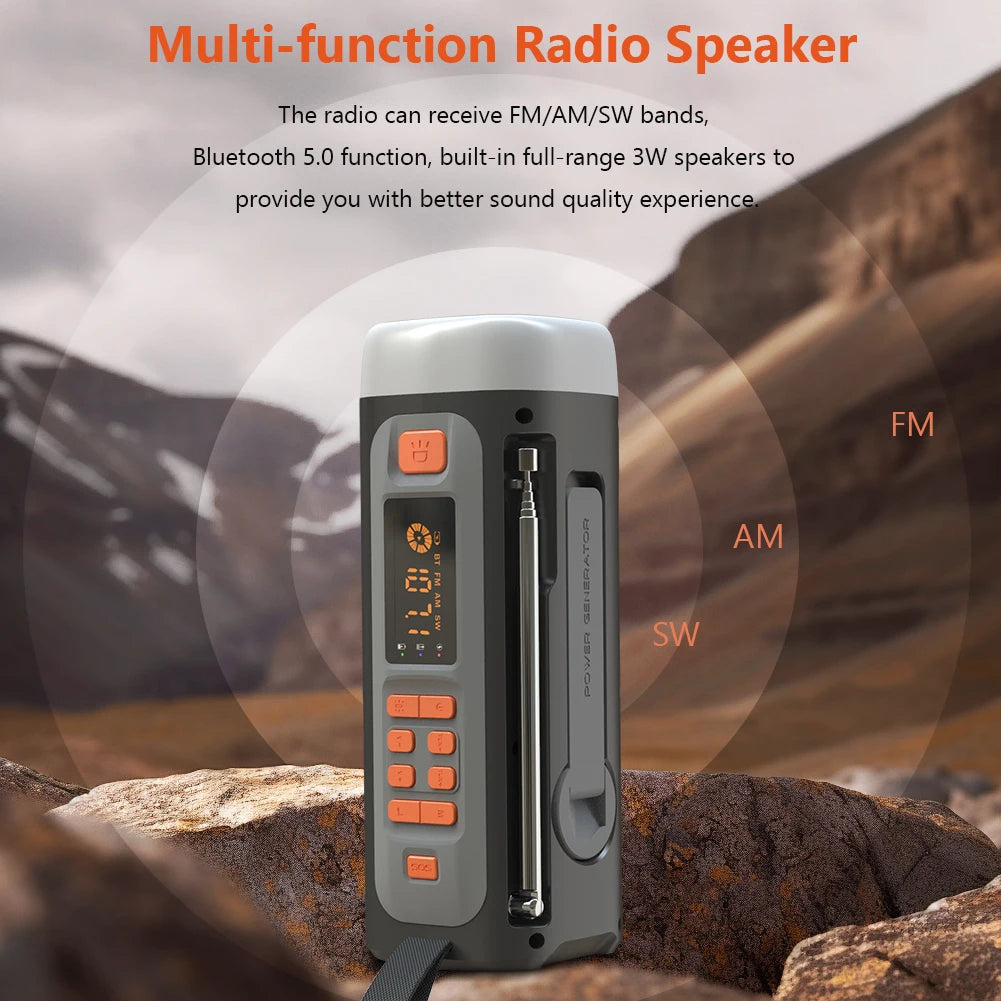 4500mAh Emergency AM/FM/SW Radio BT Speaker USB C/Solar/Hand Crank Charging Portable Radio with Flashlight SOS Alarm for Camping