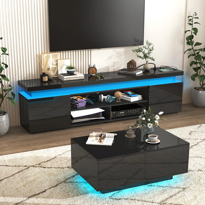 74 Inch LED TV Stand for 80/85 Inch TV, Modern Gaming TV Cabinet with Power Outlet, High Gloss Entertainment Center with Storage