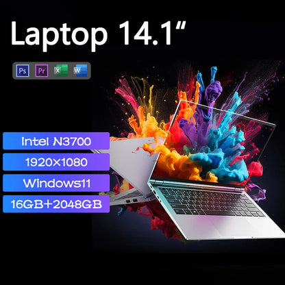 14.1 inch Laptop Intel N3700 16GB RAM+1024GB ROM Narrow Bezel Screen PC Windows 11 Office Entertainment Lightweight Laptop