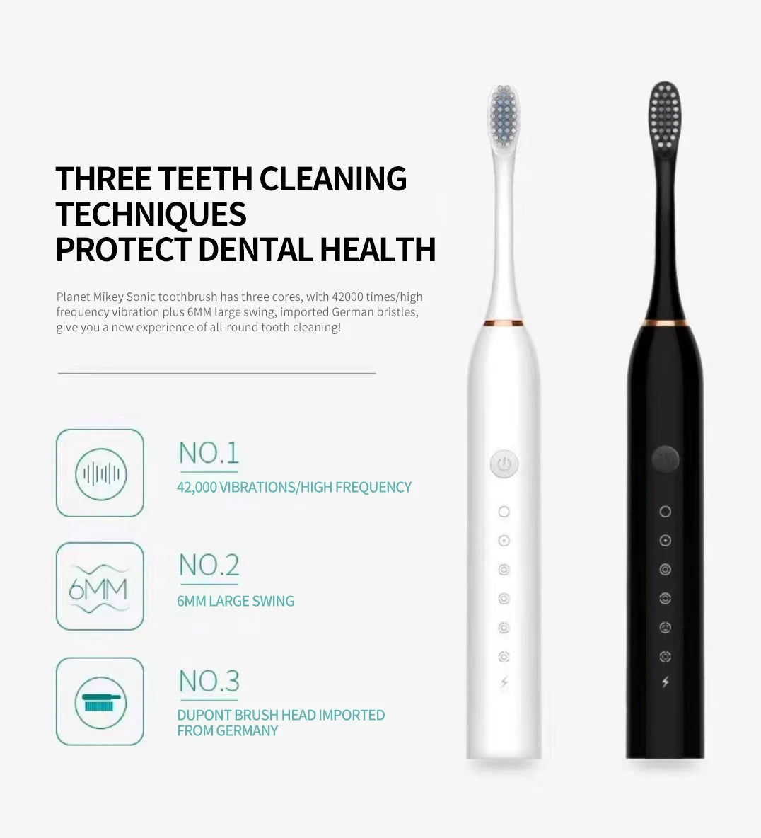 Sonic Electric Toothbrush for Adults IPX7 Waterproof DuPont Brush Head USB Rechargeable High Frequency Cleaning 6 Cleaning Modes