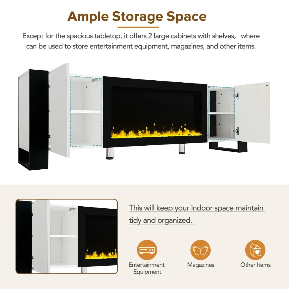 TV Stand with 34.2" Non-heating Fireplace, High Gloss Entertainment Center with 2 Cabinets, Media Console for TVs Up To 78"