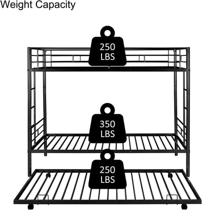 Twin Over Twin Metal Bunk Bed with Trundle Heavy Duty Bunk Beds Frame with 2 Side Ladders Convertible Bunkbed with Safe