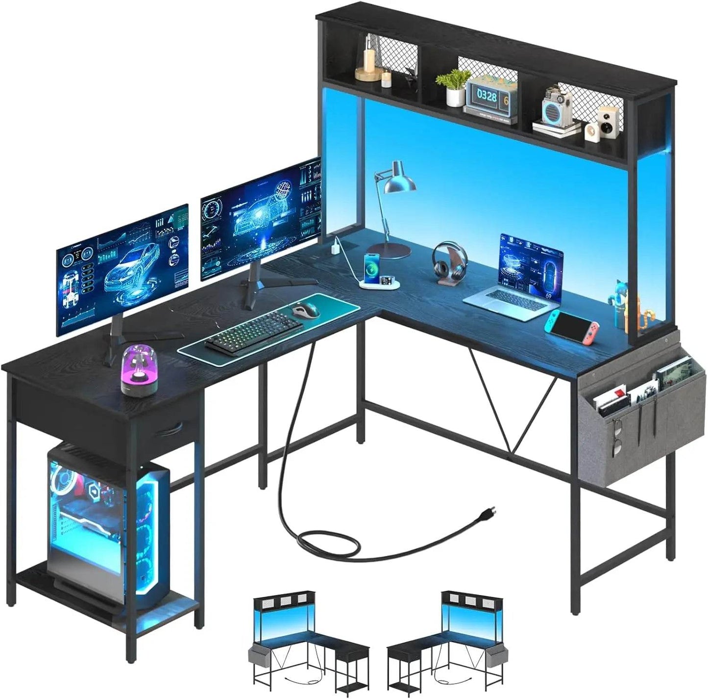 L Shaped Desk Gaming Desk with LED Strip & Power Outlet, Reversible L-Shaped Computer Desk with Storage Shelf & Drawer, Corner - MarvelouStoree