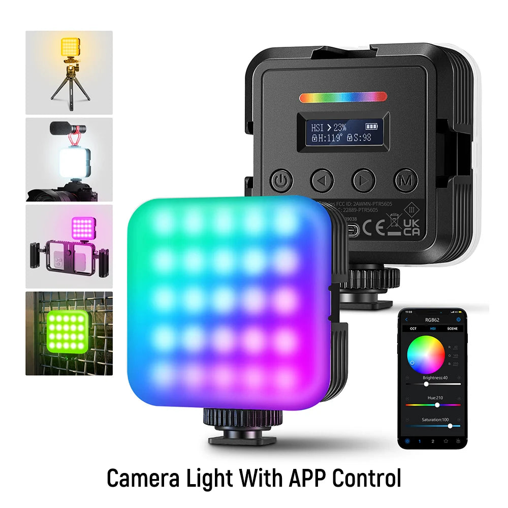 NEEWER RGB62 Magnetic RGB Video Light with  APP Control 360° Full Color LED Camera Light with 3 Cold Shoes Photography Lighting