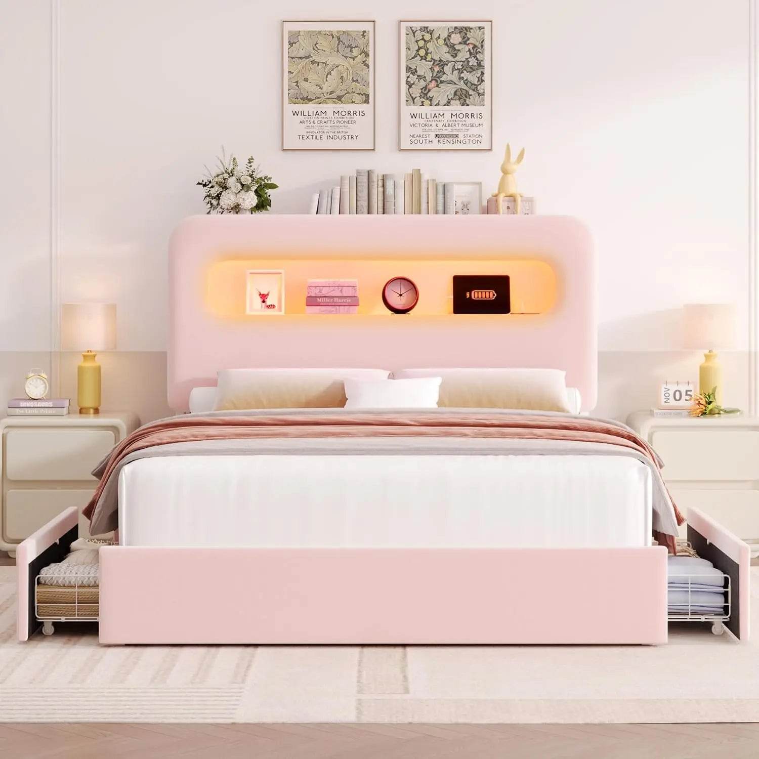 Full LED Bed Frame with Storage Headboard and Charging Station, Girls Bed Frame with 2 Drawers and USB Ports, Velvet Upholstered - MarvelouStoree