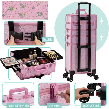 Rolling Makeup Train Case Large Storage Cosmetic Trolley 5 in 1 Large Capacity Trolley Makeup Travel Case with Key Swivel Wheels - MarvelouStoree