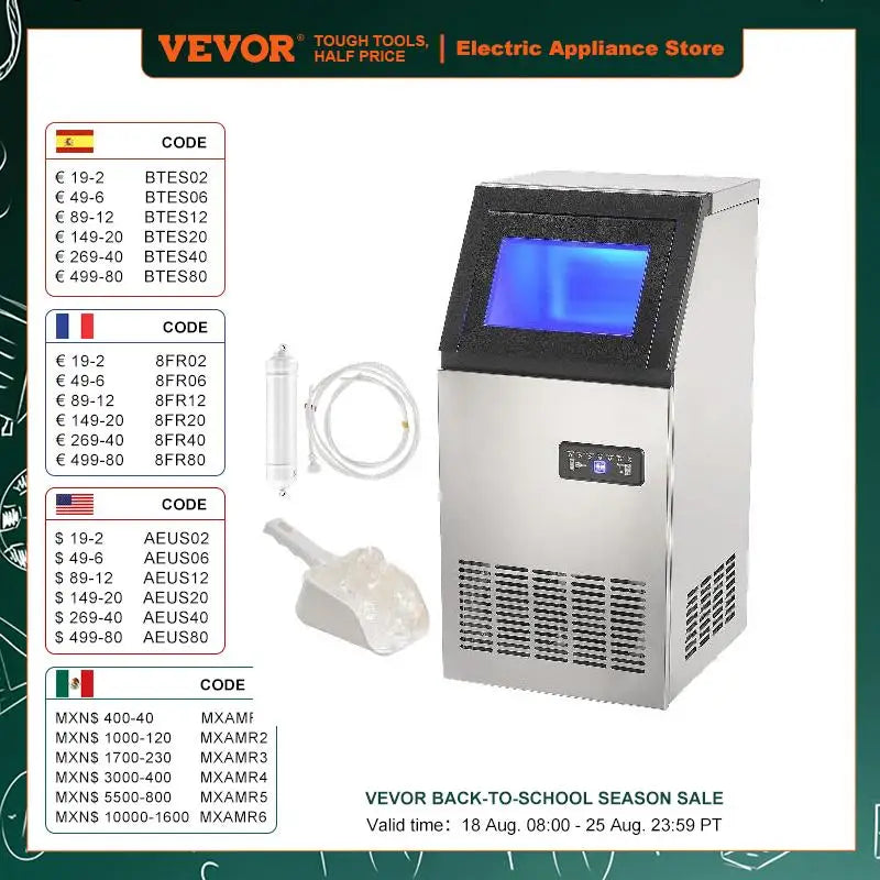 VEVOR Commercial Ice Maker 100lbs/24H Ice Maker Machine 45 Ice Cubes in 12-15 Minutes Freestanding Cabinet Ice Maker LED Display