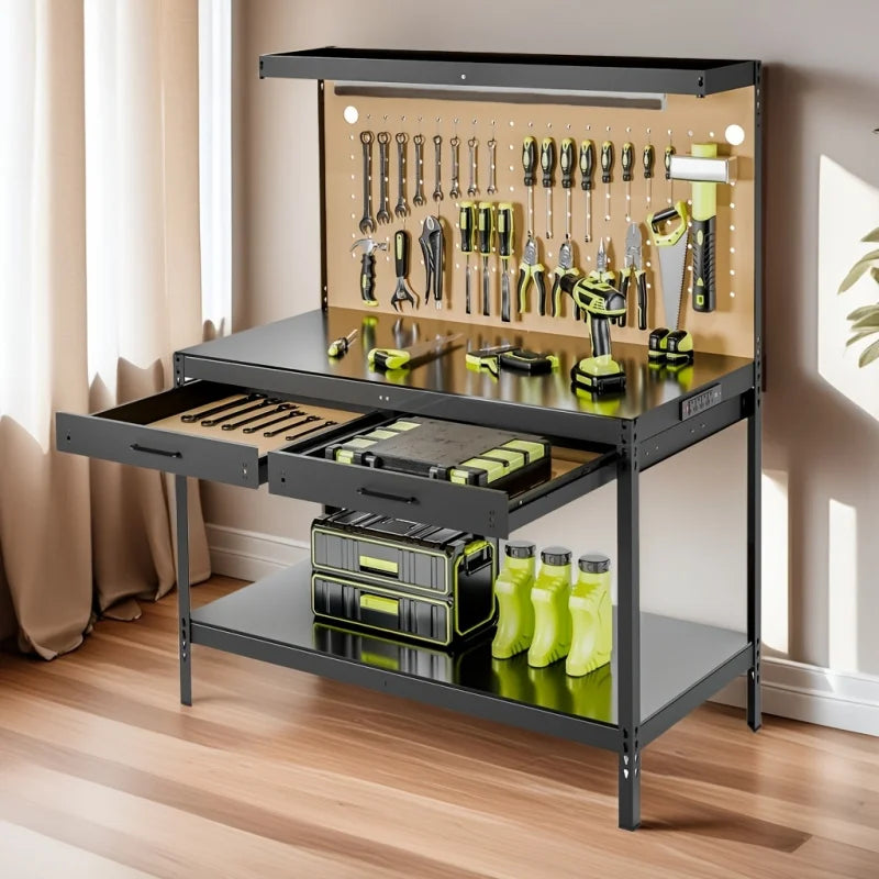 Heavy-Duty Steel Workbench with Wood Top, Sturdy Construction, Spacious Storage, Built-in LED Lighting