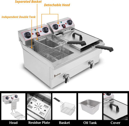 24.9QT Capacity Electric Deep Fryer with Time Control & Oil Filtration, Countertop Dual Tank Fryers w/Drain & Temperature