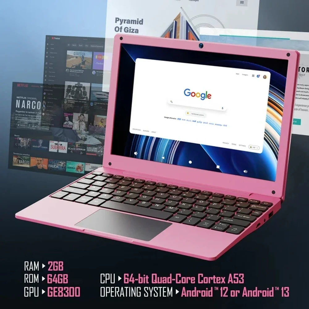 10.3 Inch Laptop Android 12.0 Quad Core Powered Netbook 2G RAM+64GB ROM Mini Laptop Computer A133 CPU Computer Wi-Fi USB