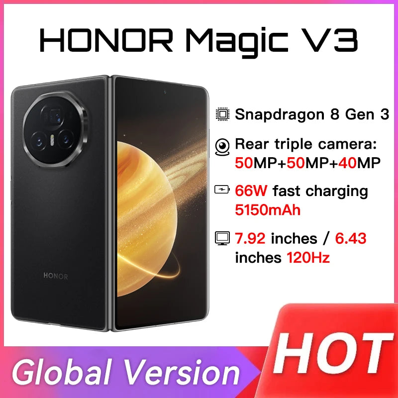 Honor Magic V3 Global Version 5G Phone Foldable LTPO 7.92" OLED 120Hz Display 5150mAh 66W 50MP Rear Cameras Snapdragon 8 Gen 3