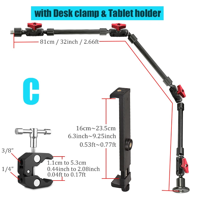 BFOLLOW 32" 22" Smartphone Bracket Magic Arm for Camera Articulated Flexible Wall Mount Desk Clamp Tablet Webcam Gopro Stand