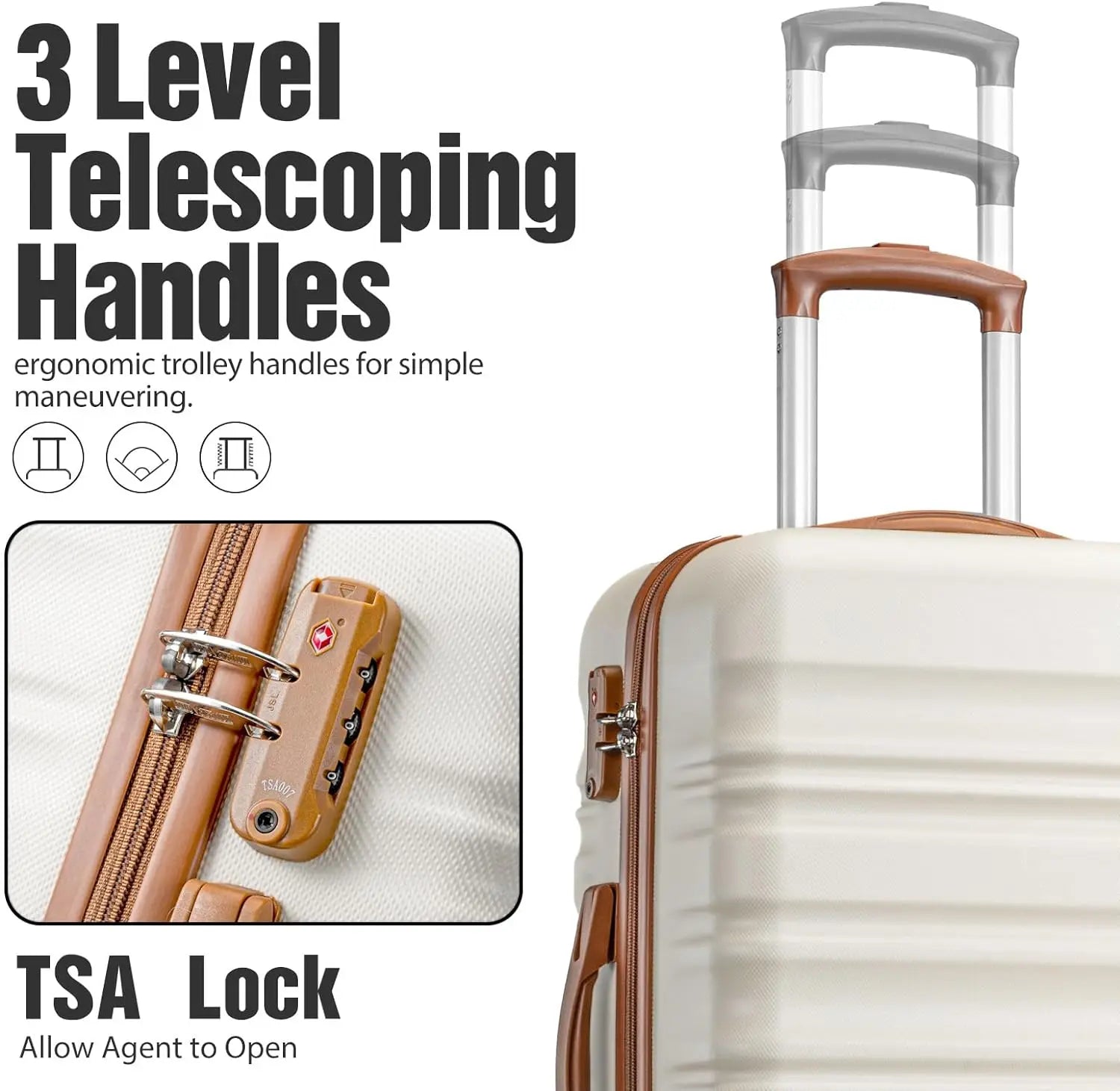 Luggage Set 4 Piece Luggage Set ABS hardshell TSA Lock Spinner Wheels Luggage Carry on Suitcase WHITE-BROWN, 6 piece set