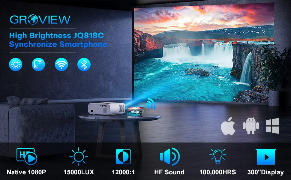 GROVIEW 1080P Projector, 15000 Lux, 490 ANSI, WiFi/Bluetooth, 300'' Screen, 4K Support, Zoom, 5G Sync, HDMI/USB/AV/Smartphone