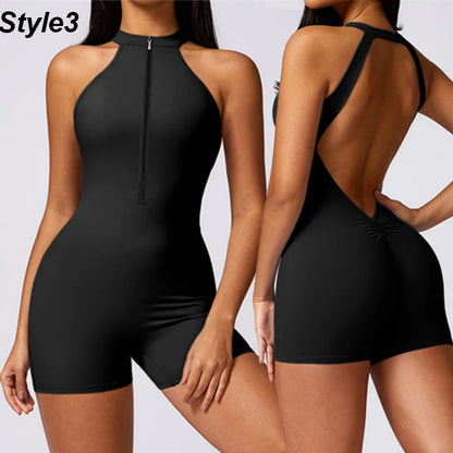 Backless Jumpsuits Zipper Sports Bodysuits Women Yoga Sets Sportswear Fitness Overalls One Piece Suit Workout Playsuit Female