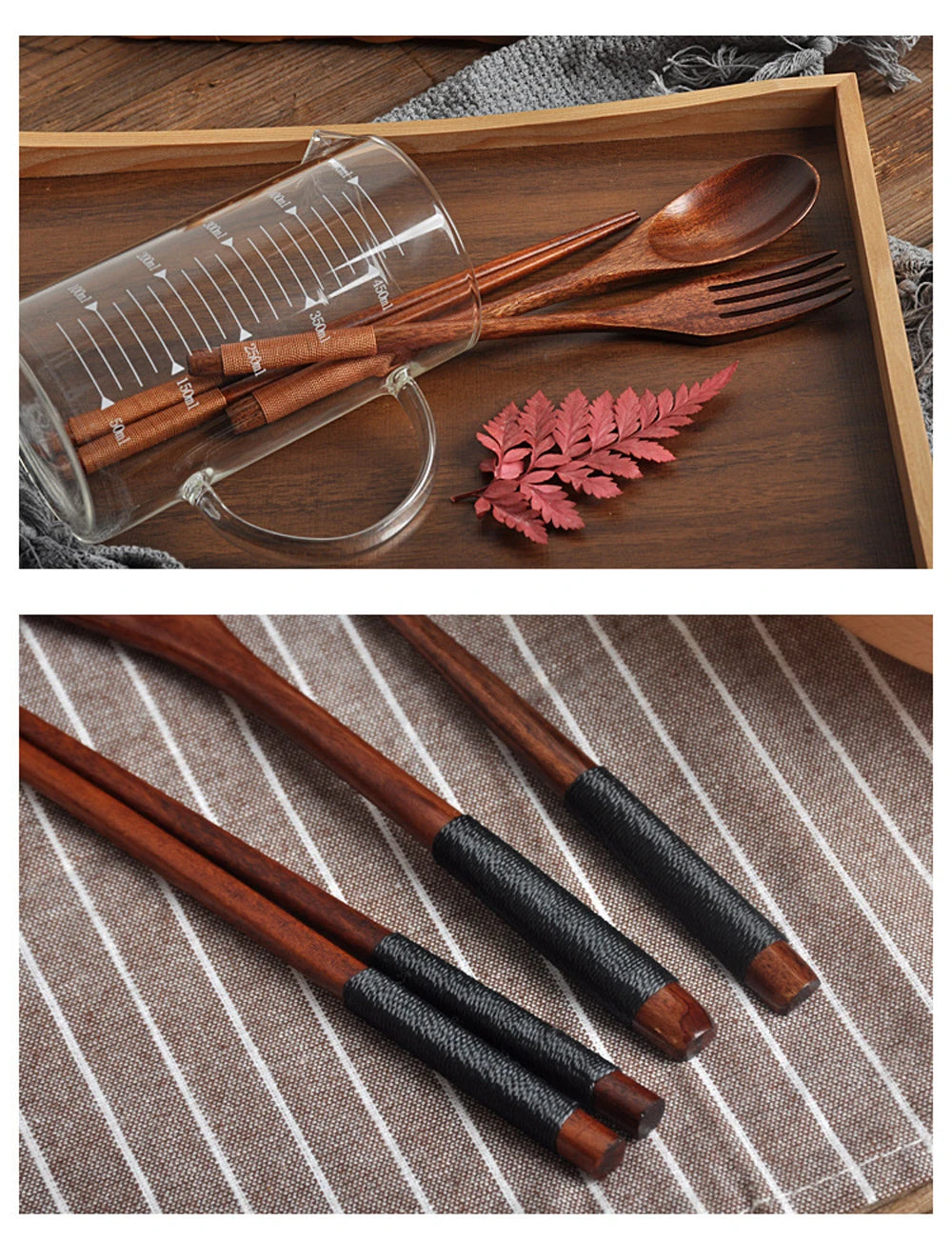 3 Pieces Tableware Natural Wood Dinnerware Spoon Chopsticks Fork Dinner Portable Tableware Grain Household Kitchen Cutlery Set