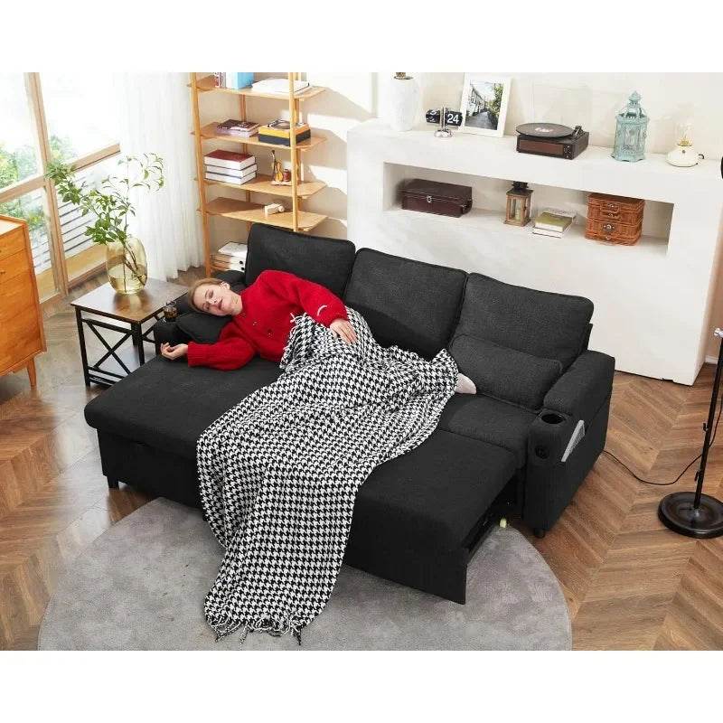 DURASPACE Sofa Bed Pull Out Couch Sleeper with Storage Chaise, with USB Charging Ports, Cup Holder - MarvelouStoree