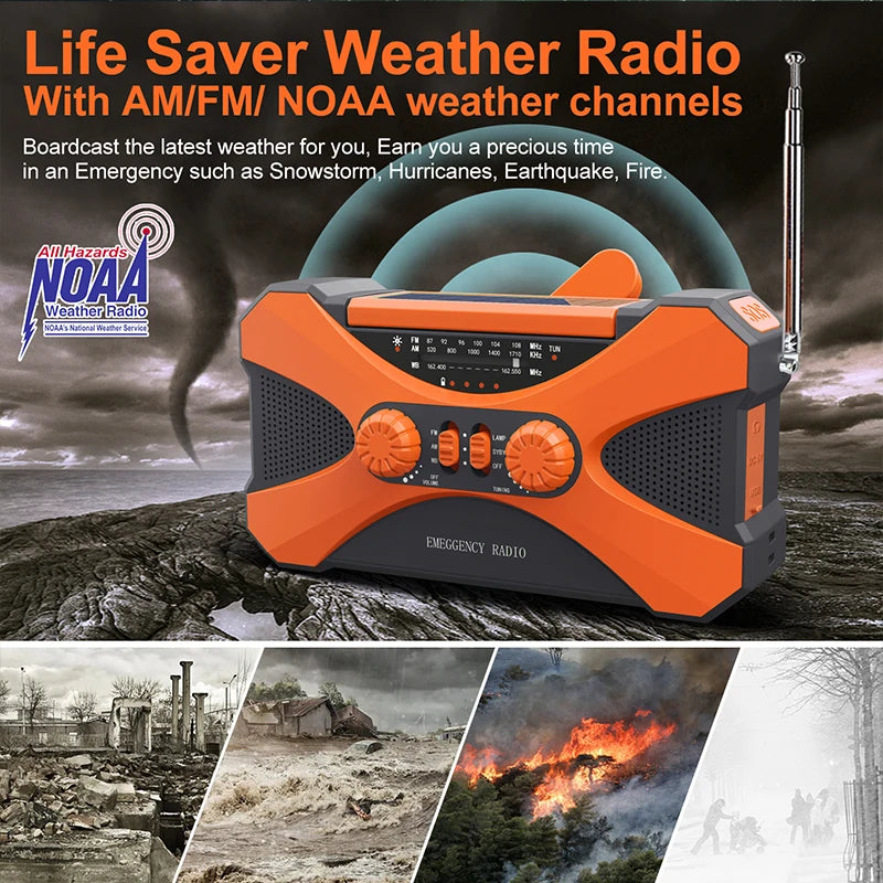 Emergency Flashlight Torch 10000mAh Power Bank Multifunctional Radio Hand Crank Solar USB Charging FM AM WB NOAA Weather Radio