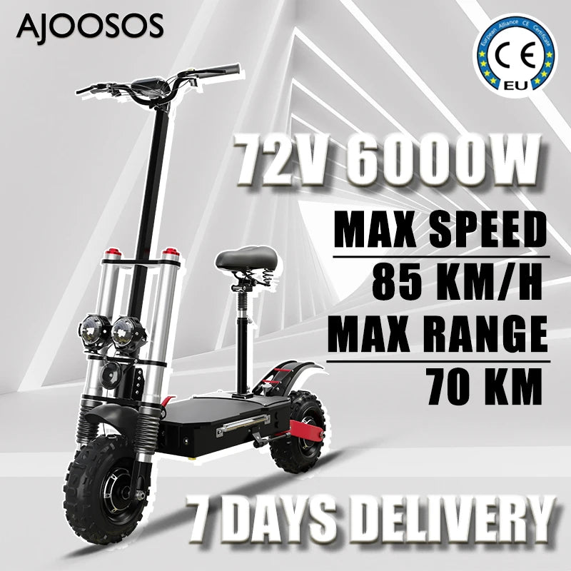 1200W 1300W 2400W 6000W Commuter Seated Adults Electric Scooter 48V/72V E-Scooter 10 inch Tubeless Off Road Tire with LCD