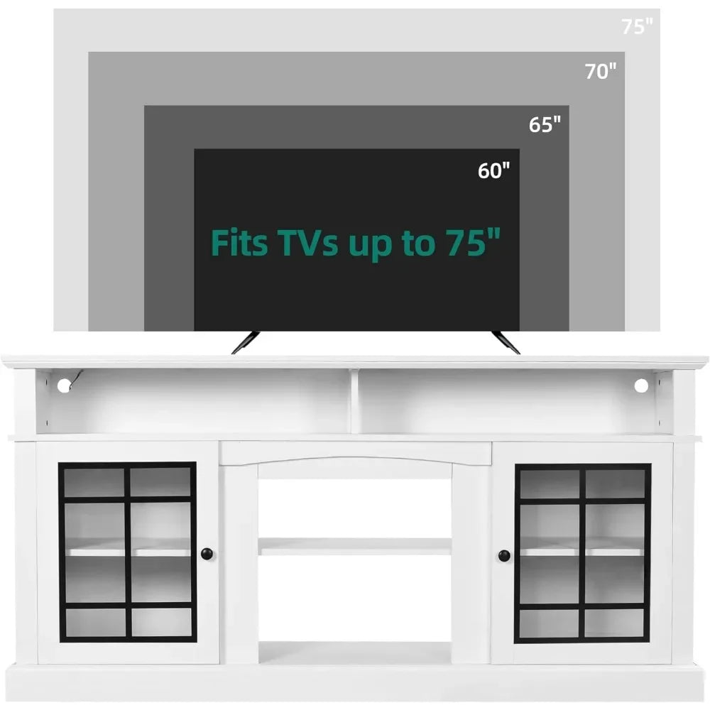 TV Stand for 75/65 Inch TVs with Adjustable Shelves and Glass Doors, Modern Entertainment Center TV Media Console Table