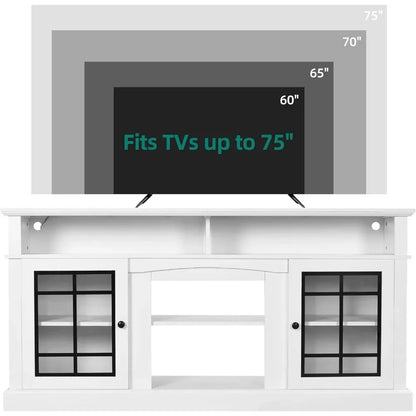 TV Stand for 75/65 Inch TVs with Adjustable Shelves and Glass Doors, Modern Entertainment Center TV Media Console Table