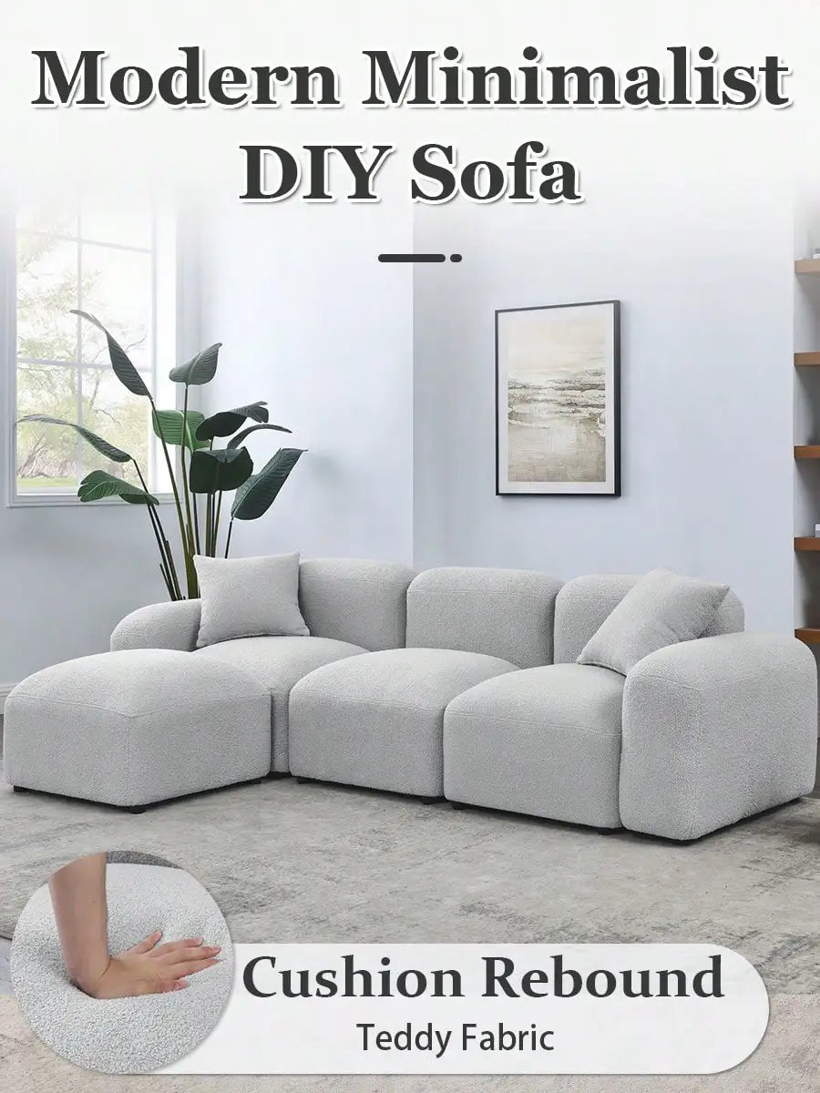 Modular Sectional Sherpa Sofa, Combination Boucle Fabric Couch, Modern Sofa With Lounge Chaise, L-Shape Couch With