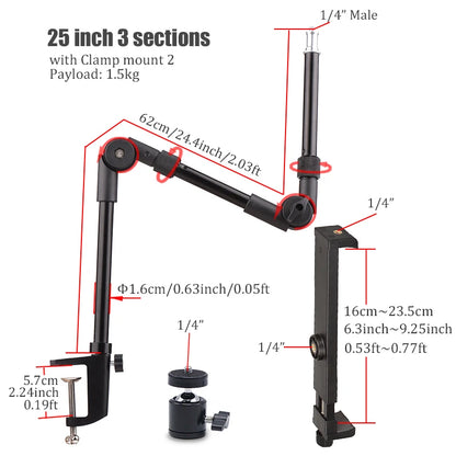 BFOLLOW Articulated Magic Arm 25" 32" Clamp Mount for DSLR Camera Camcorder Overhead Video Shooting Webcam Tablet Phone Bracket