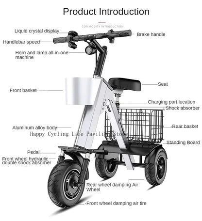 Folding Electric Tricycle With Removable Basket 48V 450W Mini Portable 3 Wheel Electric Scooter With Camping Trailer Support APP