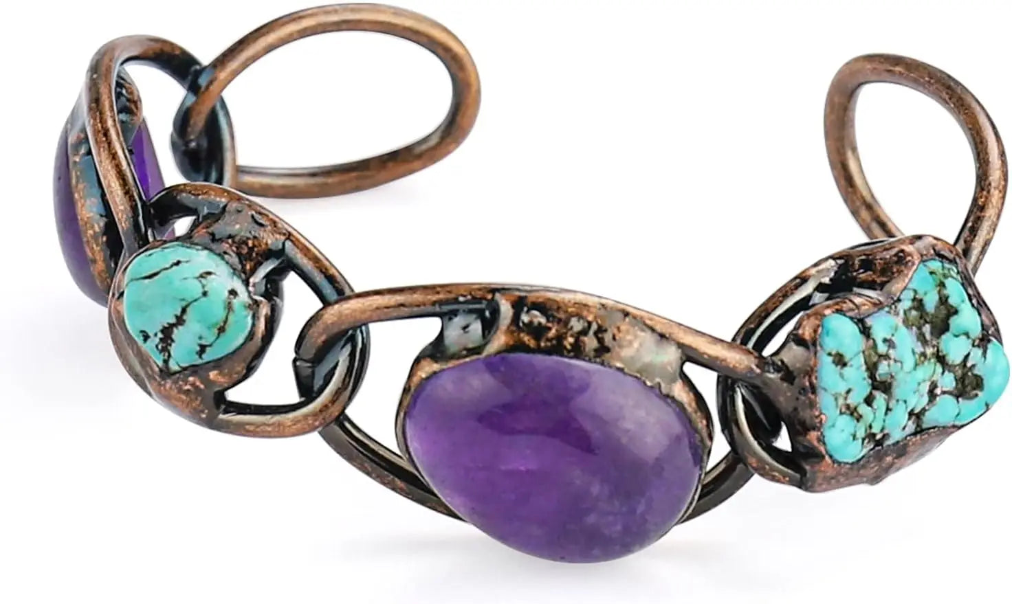 YEEVAA Purple Crystal Amethyst Turquoise Bracelet with Copper Open Bangle, Raw Gemstone Energy Healing Stone Handmade Bangle