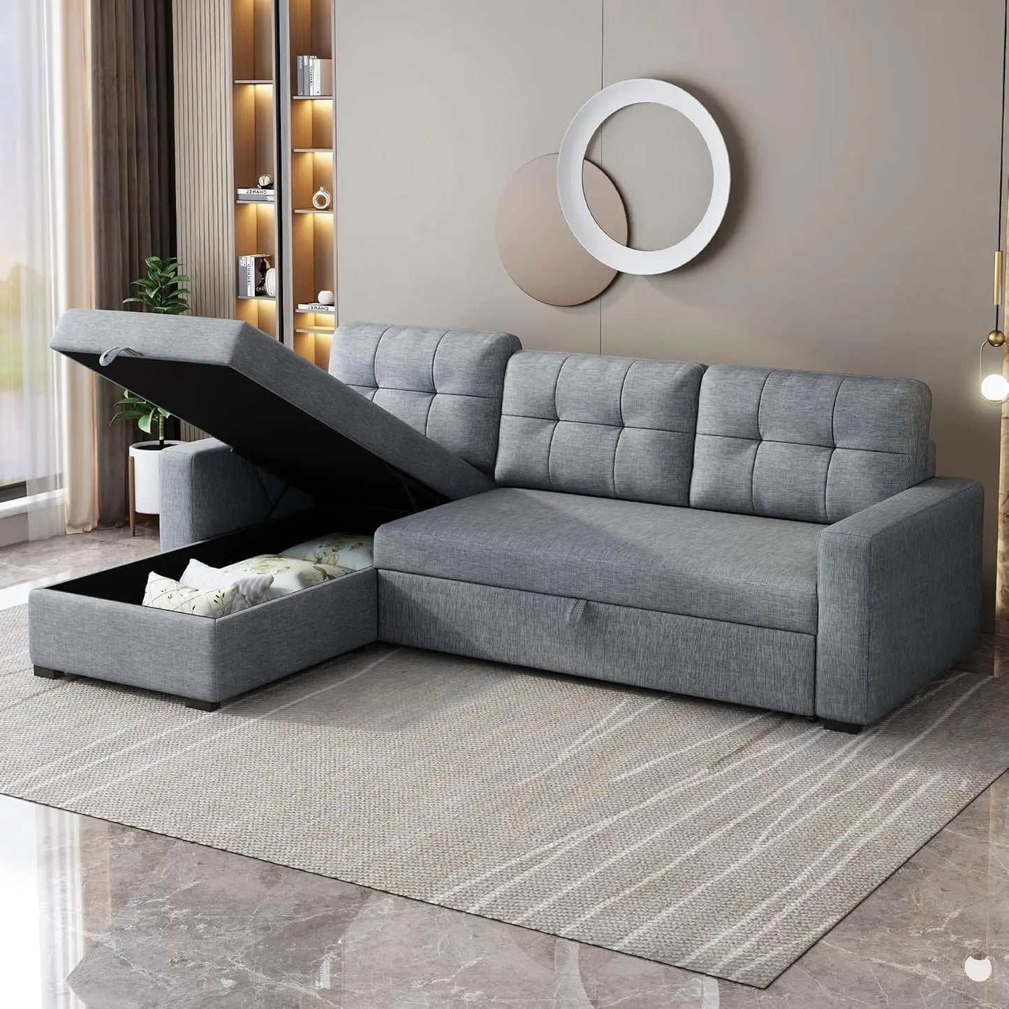 81.5" Sectional Sleeper Sofa with Storage Chaise, L Shaped Pull Out Couch Bed with 3 Removable Back Cushion for Living Room,Apar