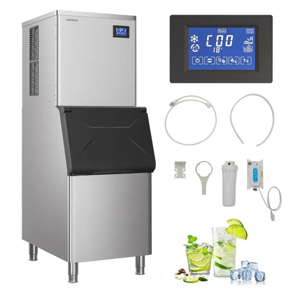 Commercial Ice Maker Machine,Stainless Steel,Automatic Cleaning,Blue Ray,Perfect for Bar or Business,includes Ice Shovel, Hose