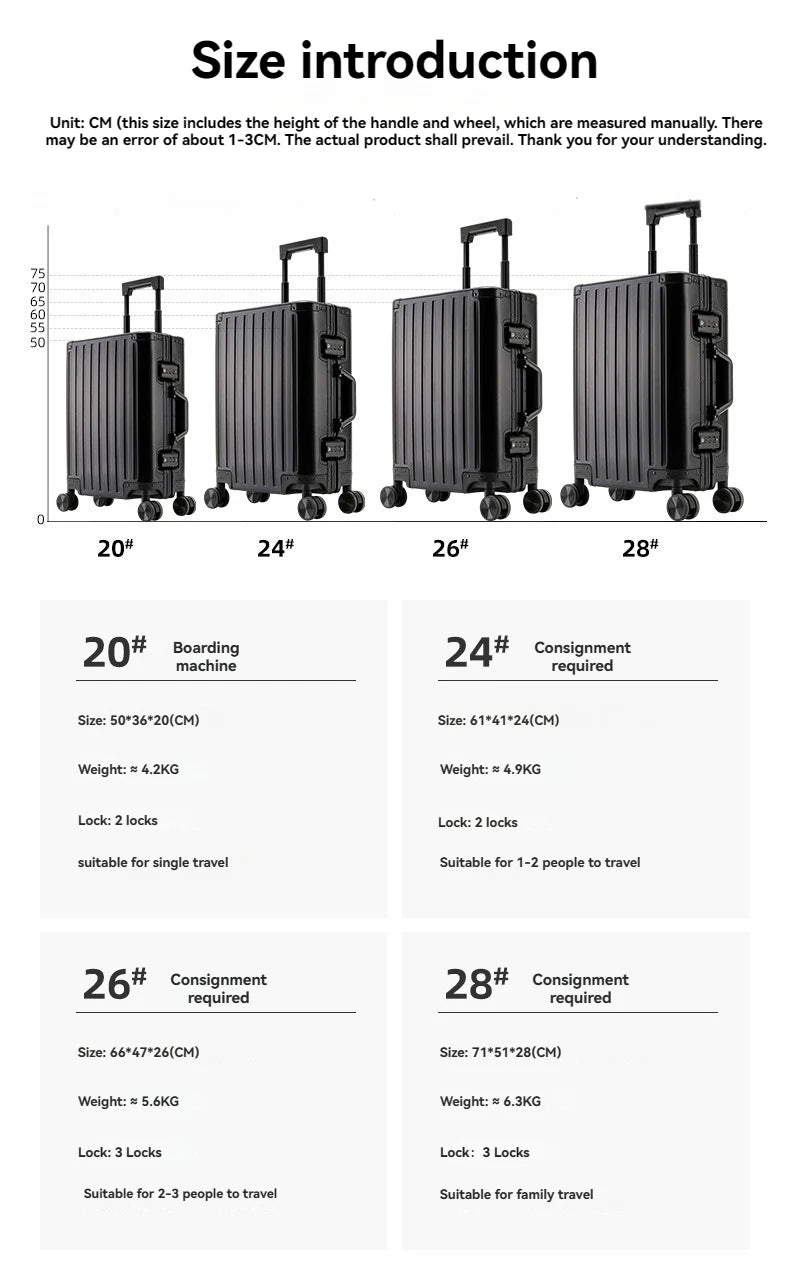 2024 New Large Capacity Durable Luggage Magnalium Aluminum Alloy Men Man Women Carry-On Boarding Travel 20/24/26/28