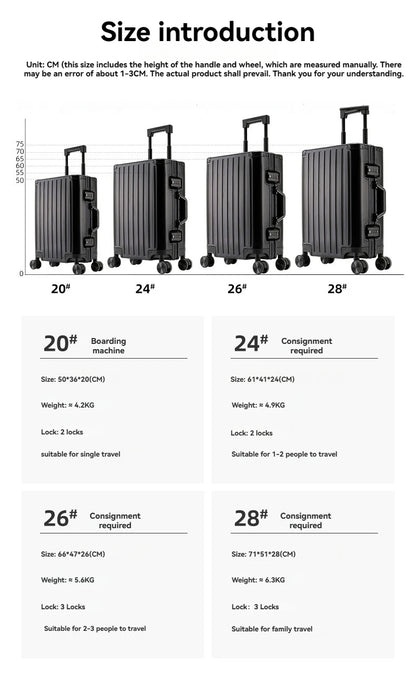 2024 New Large Capacity Durable Luggage Magnalium Aluminum Alloy Men Man Women Carry-On Boarding Travel 20/24/26/28