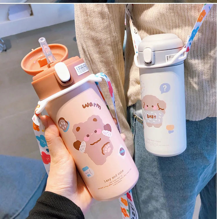 380Ml Stainless Steel Thermos Cup with Straw Drink Cute Cartoon Insulated Vacuum Water Bottle for Kids Girls Portable Drinkware