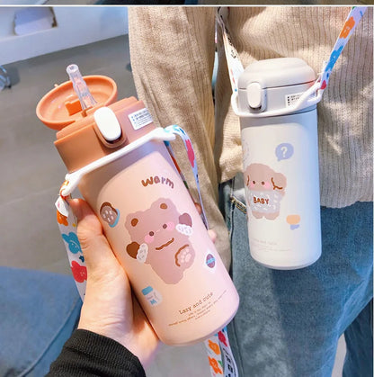 380Ml Stainless Steel Thermos Cup with Straw Drink Cute Cartoon Insulated Vacuum Water Bottle for Kids Girls Portable Drinkware