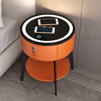 Round Tiny Table Bedside Table Voice-activated Smart Multifunction Lock Wireless Coffee Charging Nightstands Bedroom Cabinets